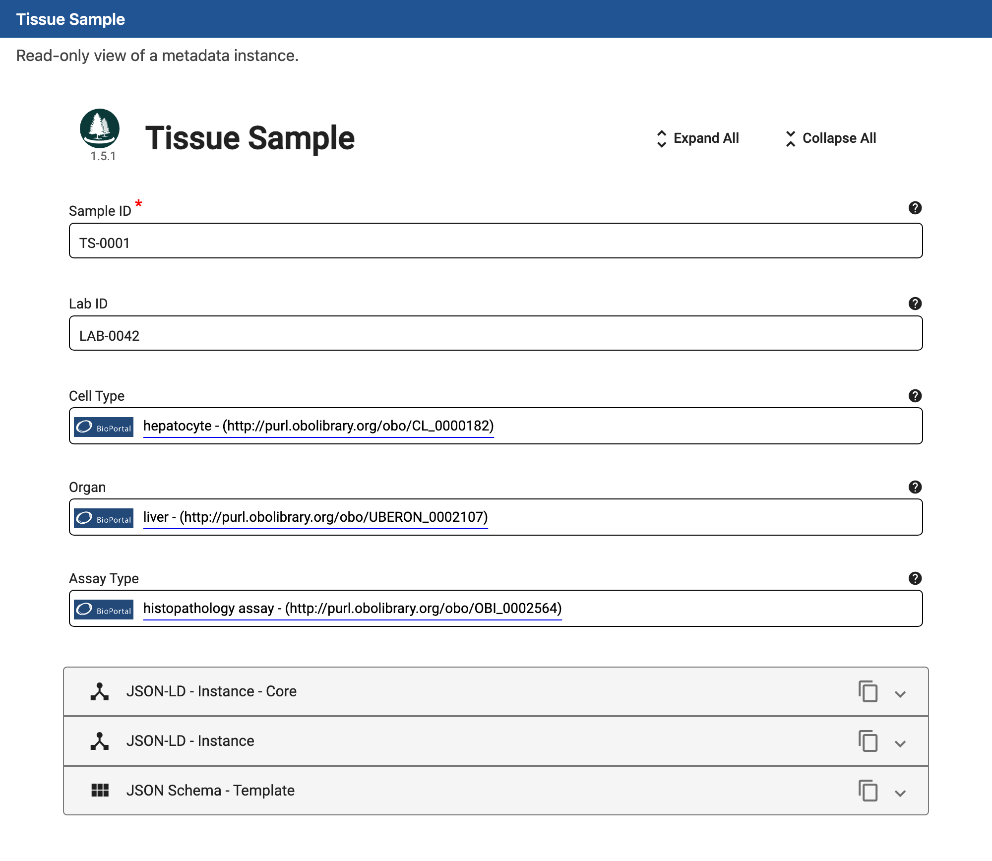 The filled Tissue Sample instance, rendered by the CEDAR embeddable editor