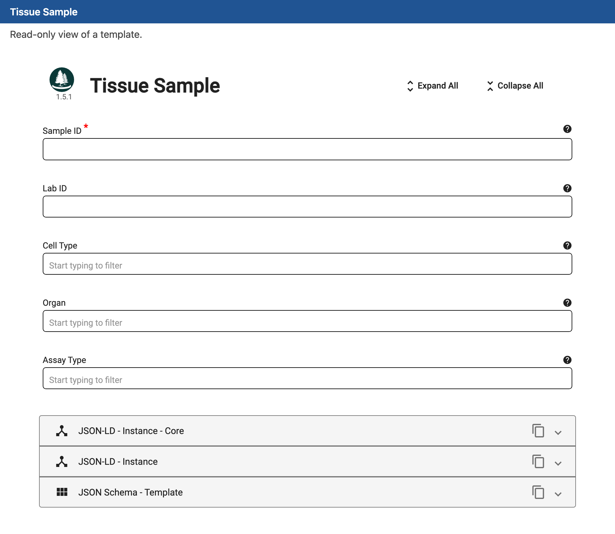 The Tissue Sample template, rendered by the CEDAR embeddable editor