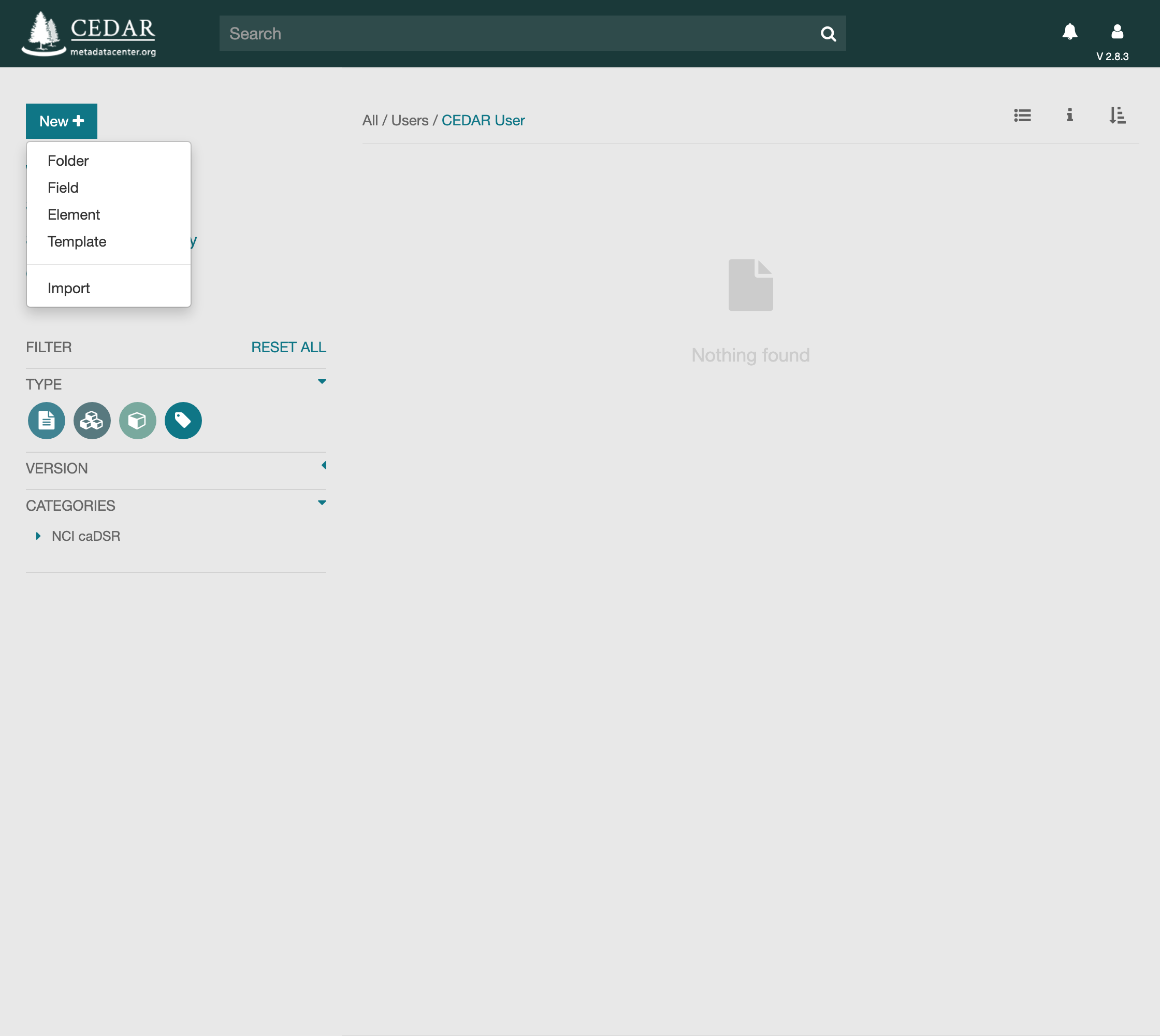 The New menu, showing Folder, Field, Element, Template, and Import