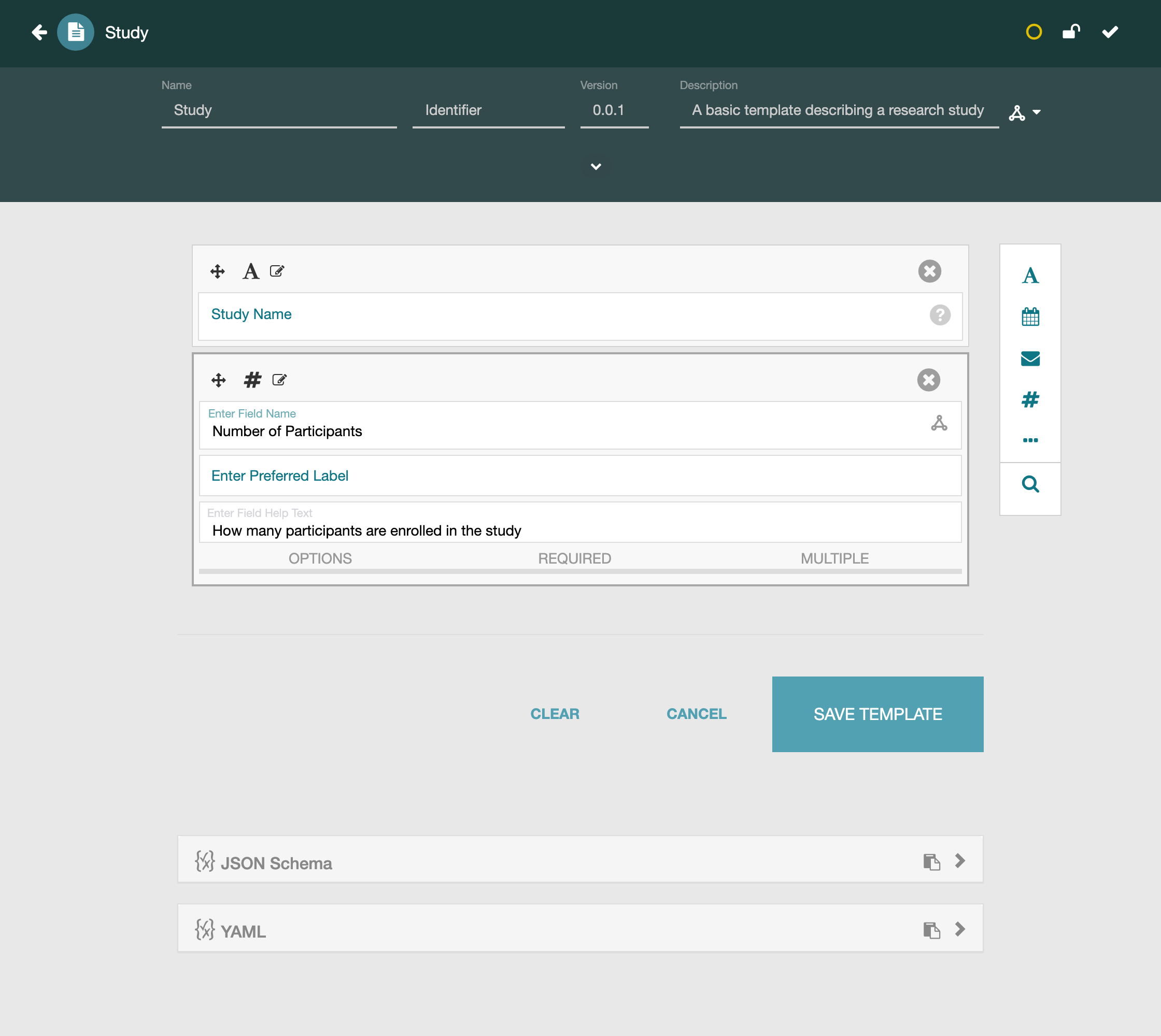 The Study template with a text field and a numeric field
