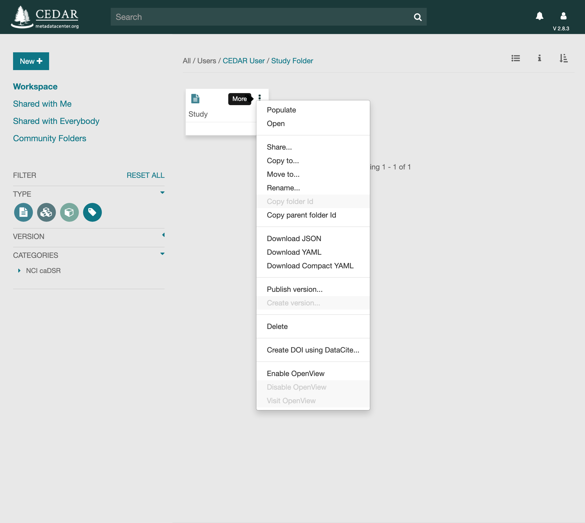 The row menu with the Populate action