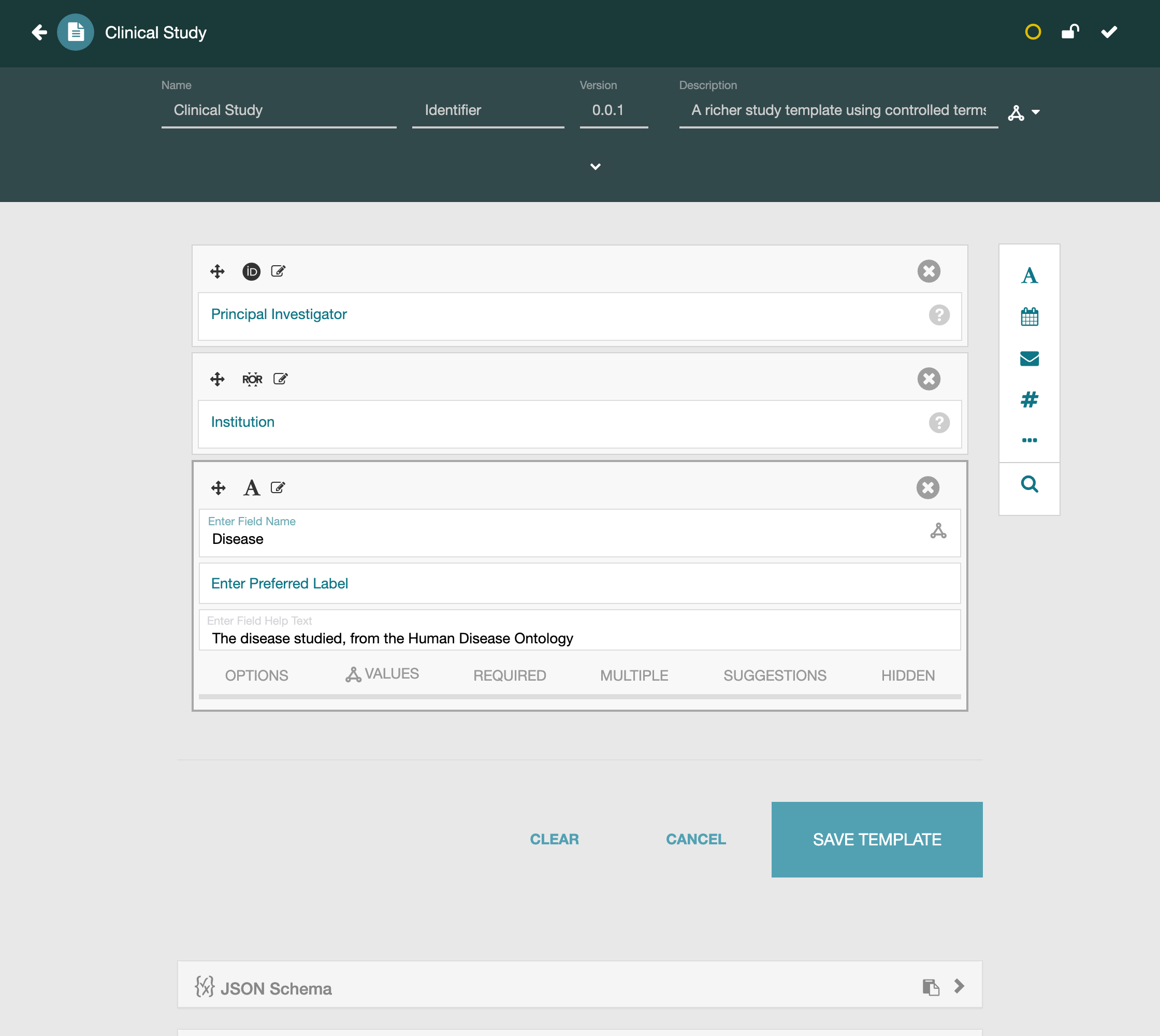 The Clinical Study template with ORCID, ROR, and a Disease field