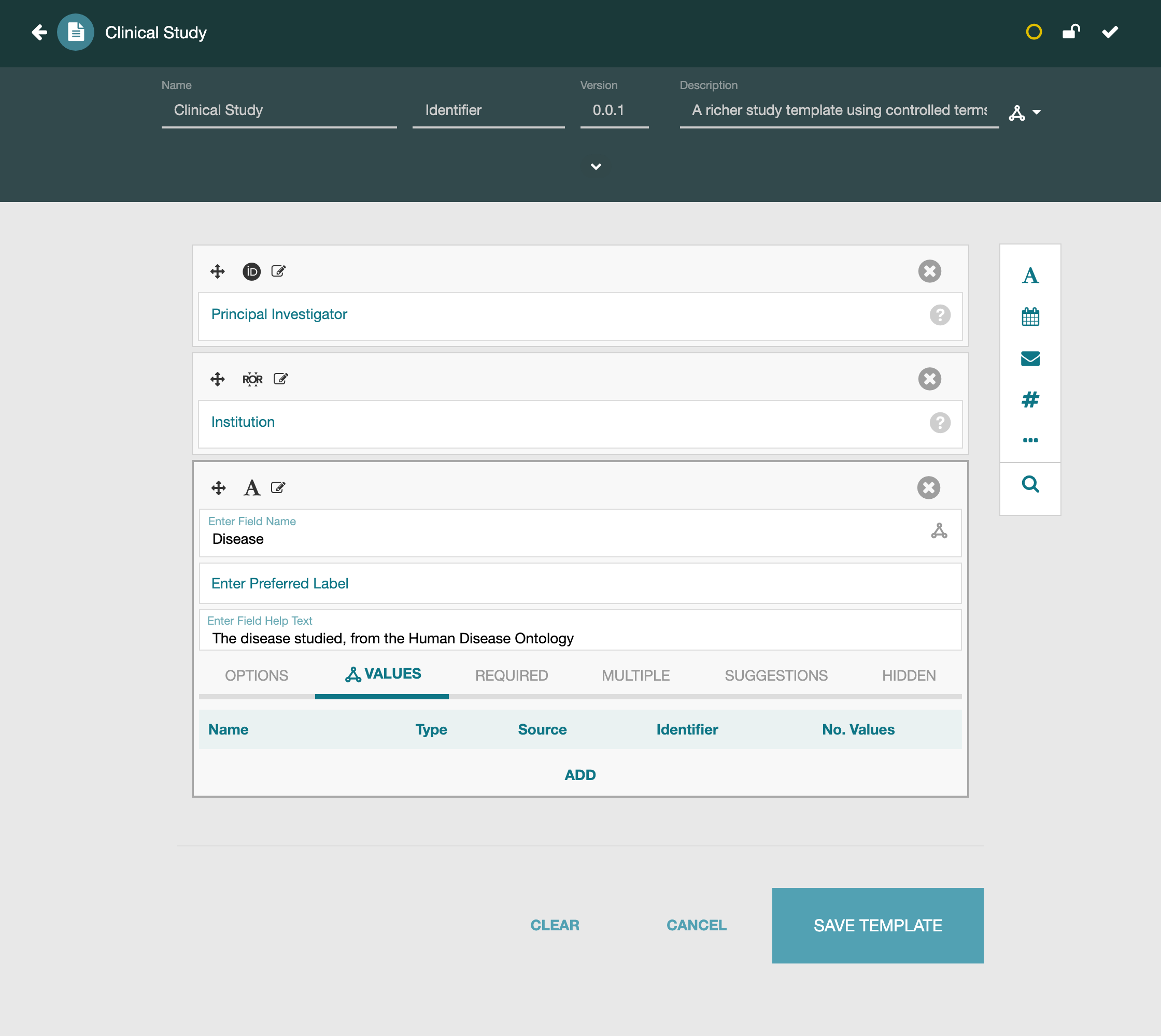 The Values tab of the Disease field