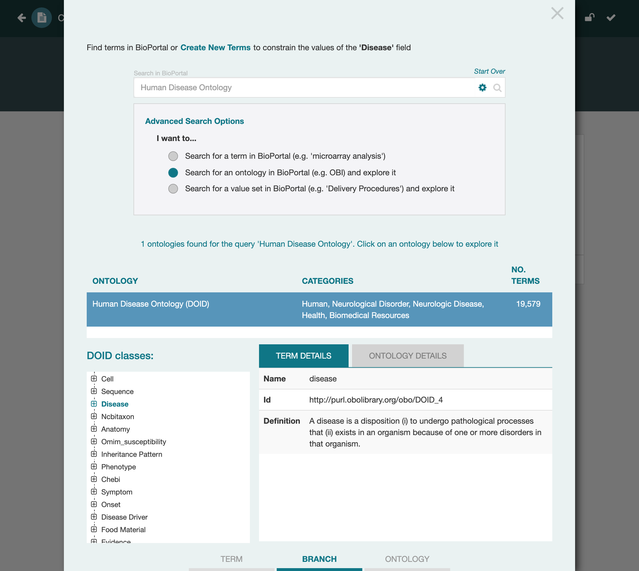 Selecting the disease branch of DOID