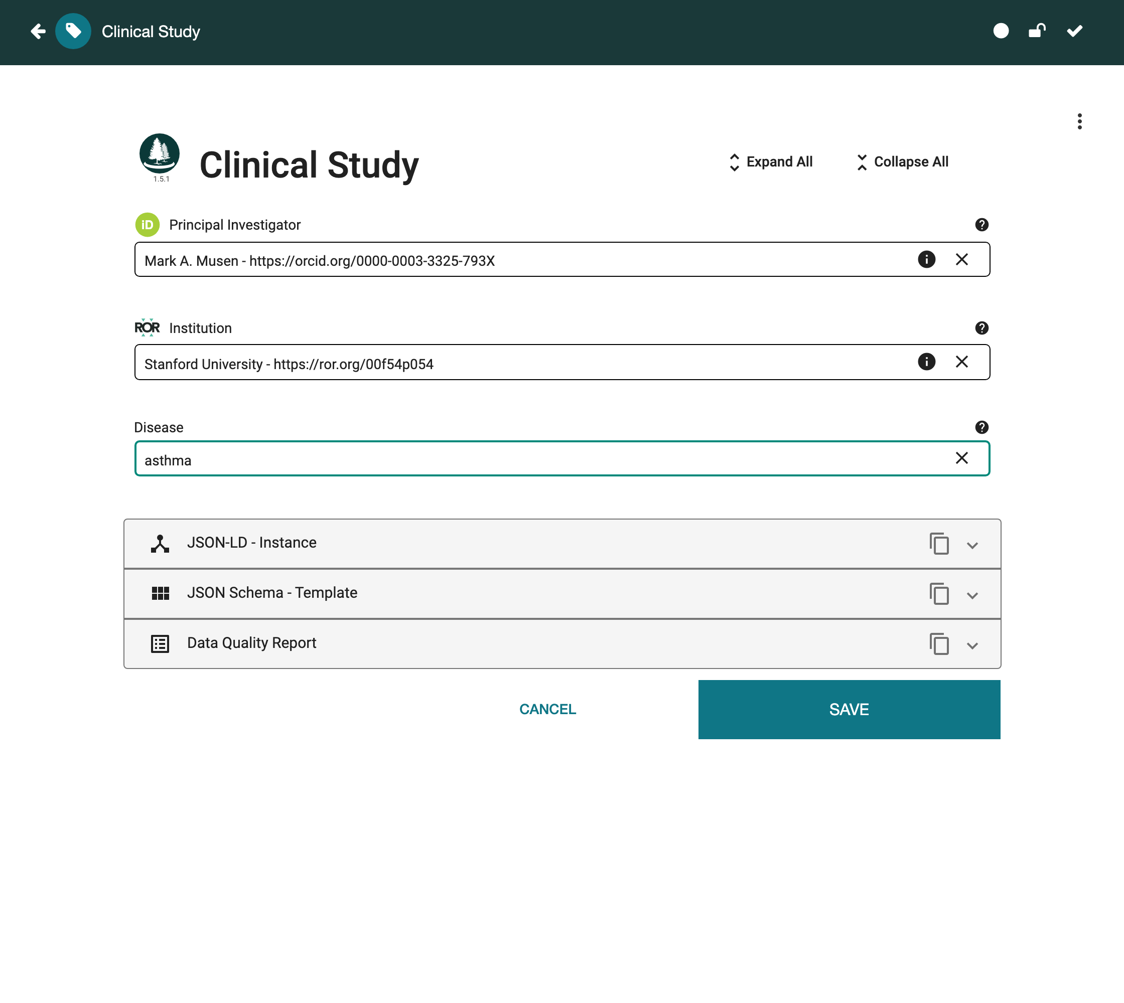 The completed Clinical Study instance with resolved identifiers