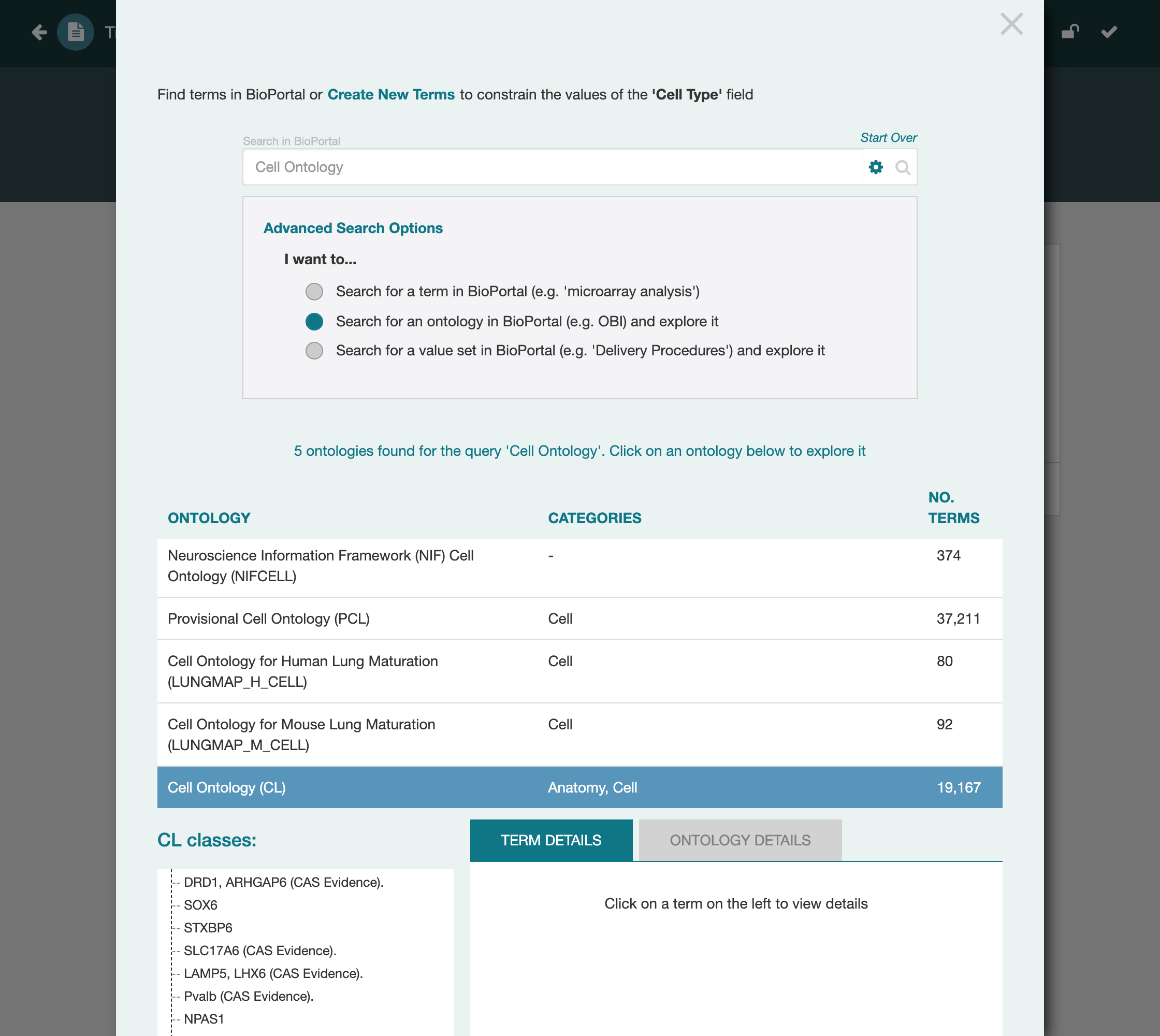 The Cell Ontology opened, with the whole-ontology option