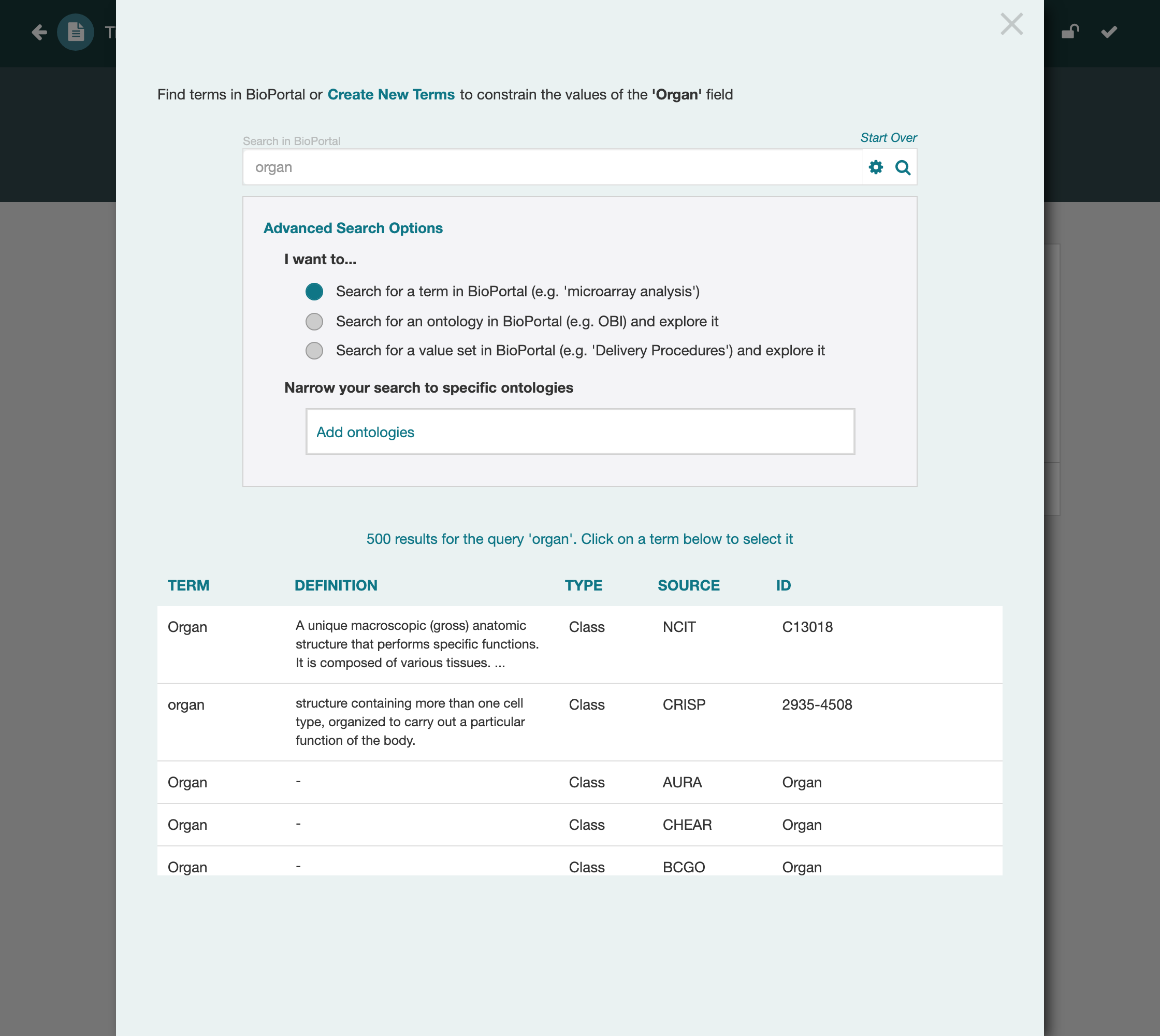 Five hundred "organ" results across many ontologies